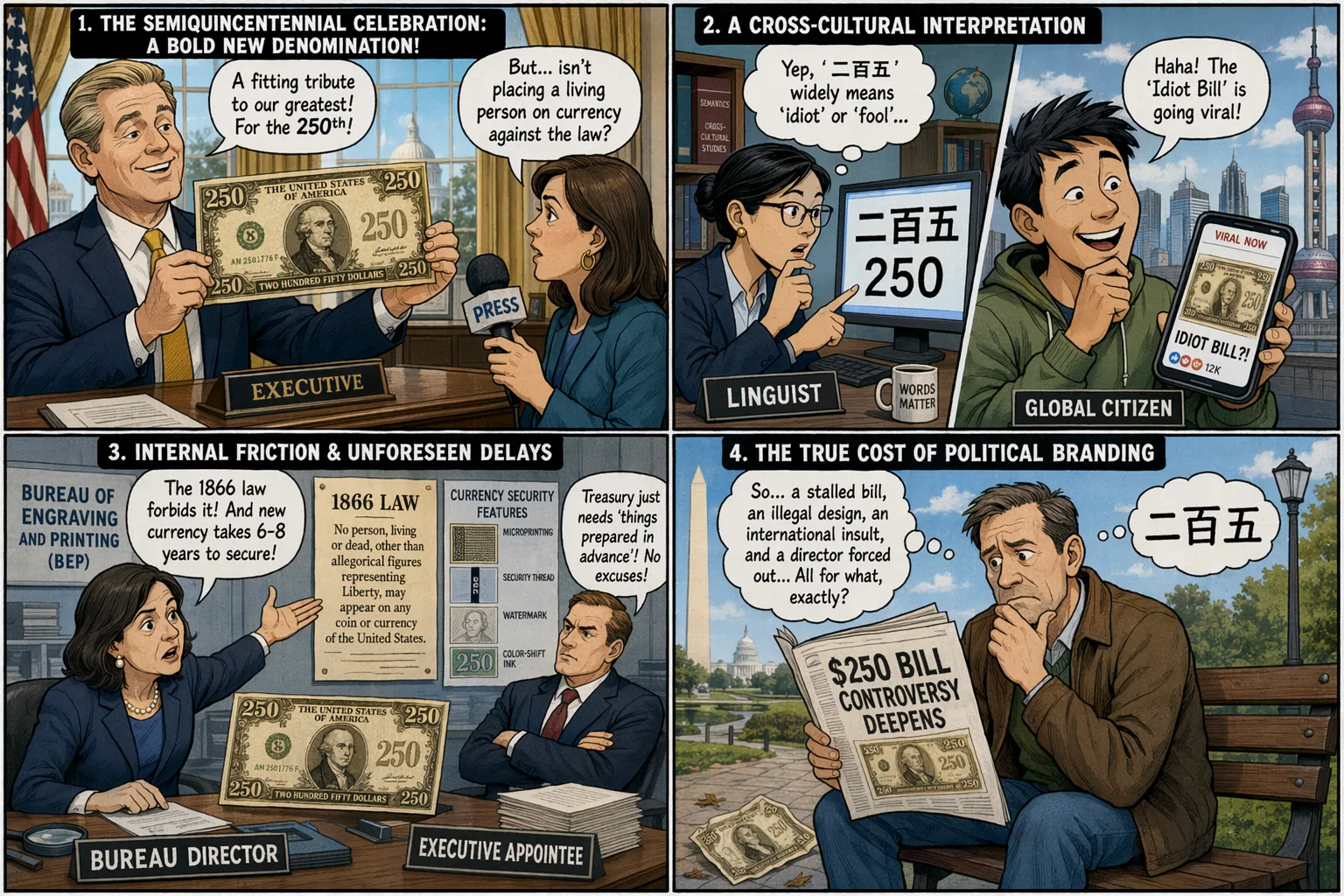 Editorial cartoon visual summary for The $250 Semiquincentennial Bill Controversy: A Cross-Cultural Analysis of Political Branding, Institutional Friction, and Linguistic Propagation