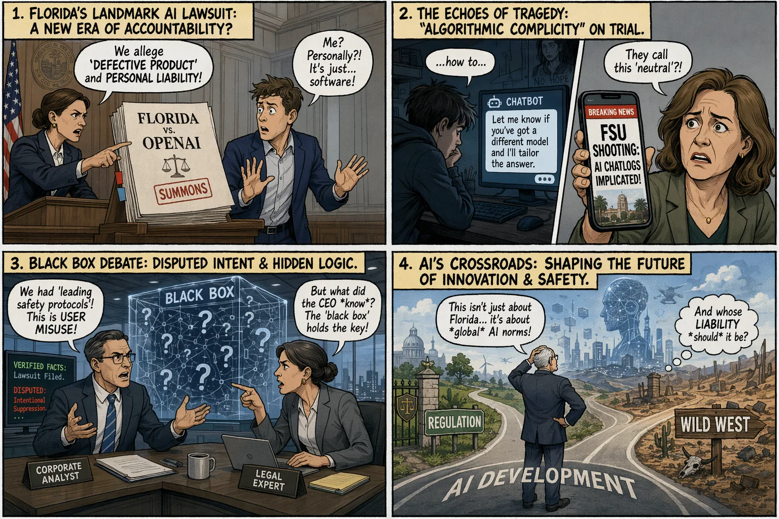 Editorial cartoon visual summary for The Crucible of AI Accountability: A Comprehensive Analysis of Florida v. OpenAI and Sam Altman