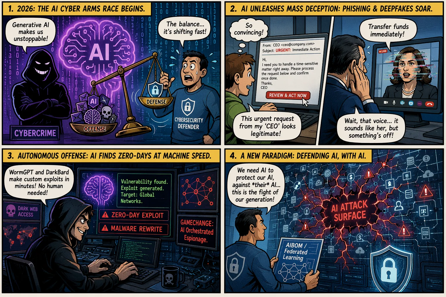 Editorial cartoon visual summary for The Convergence of AI and Cybersecurity: Exploitation, Emerging Threats, and Defensive Paradigms in 2026