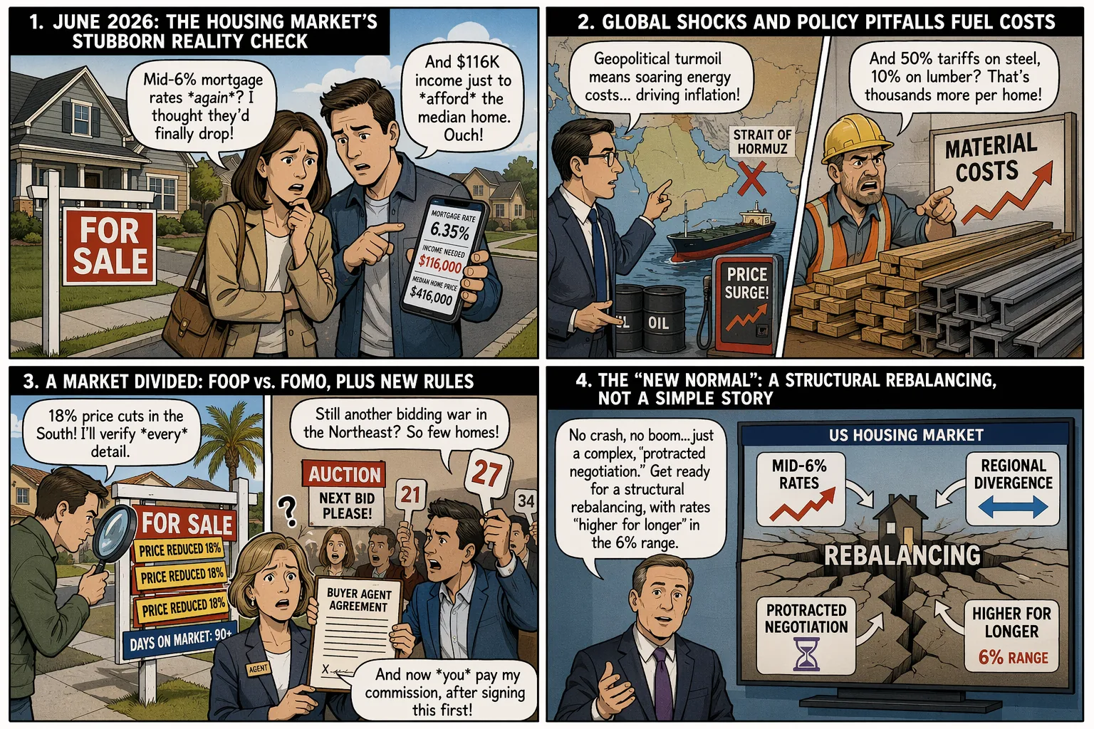 Editorial cartoon visual summary for The U.S. Housing Market in June 2026: A Structural Rebalancing Amid Geopolitical and Policy Volatility
